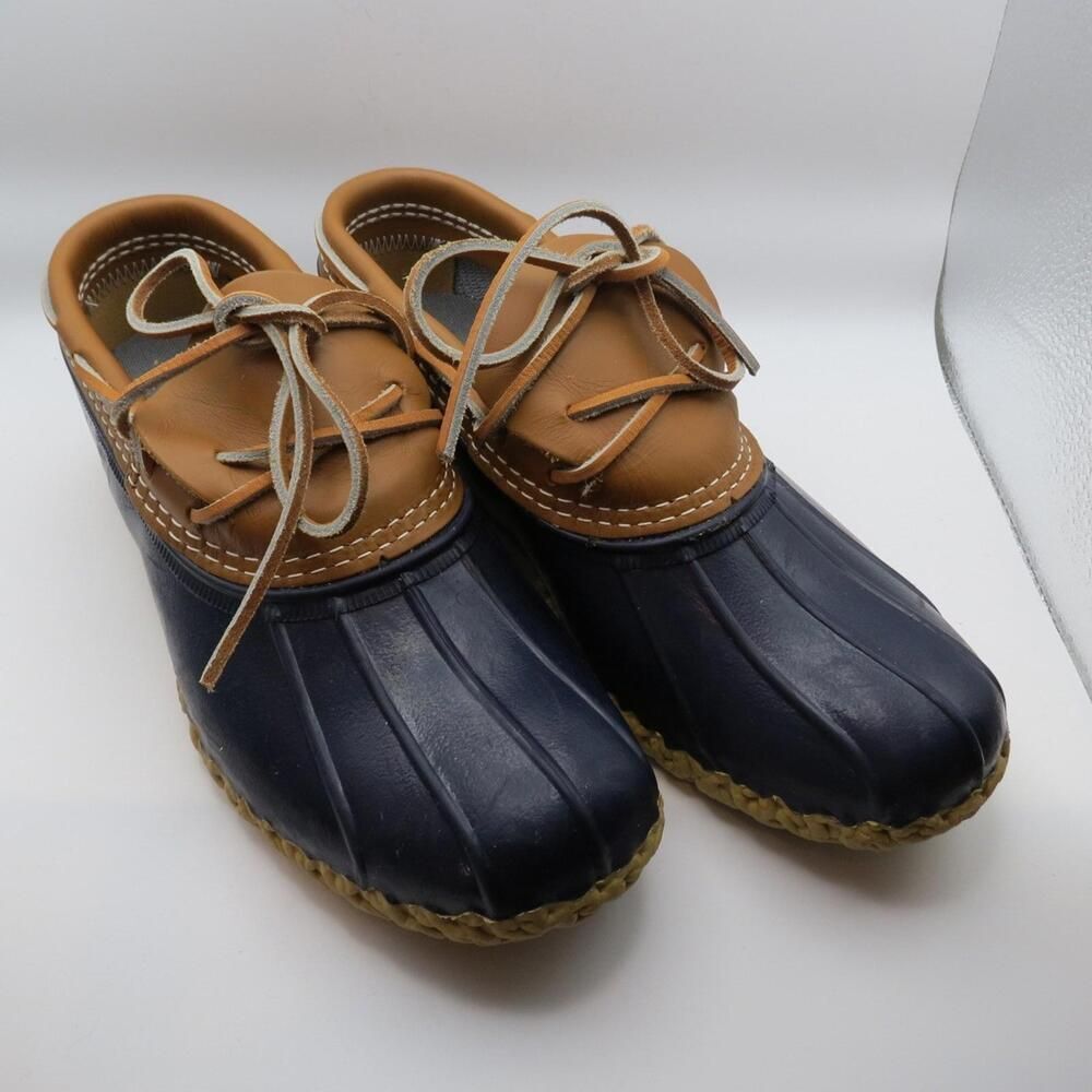 L.L. Bean Womens 8N Navy Blue Rubber Brown Leather Gumshoes Low Duck Boots Mocs